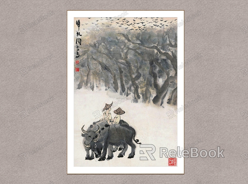 Chinese Decorative Painting Cattle Li Keran Shepherd Boy Figure model