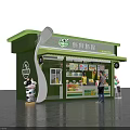 Fresh Milk Tea Shop With Green Exterior Cow Figure And Customer Buying Drinks