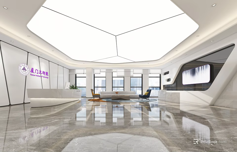 Modern Front Desk Reception Area With White Desk Sofa Seating Large Window And Marble Floor 3d model 