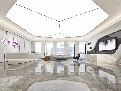 Modern Front Desk Reception Area With White Desk Sofa Seating Large Window And Marble Floor 3d model