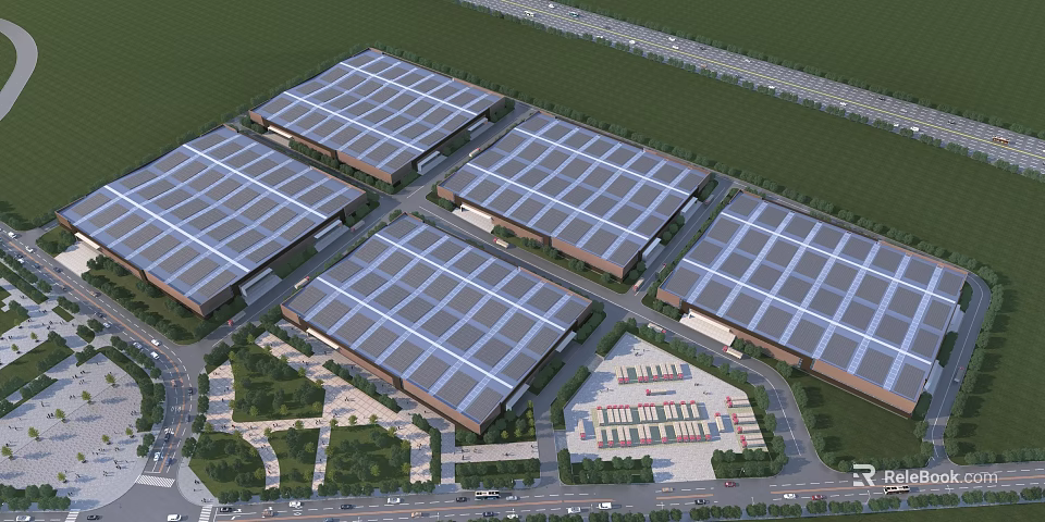 Modern Industrial Plant Complex Featuring Multiple Rooftops Green Landscaping And Road Network 3d model 