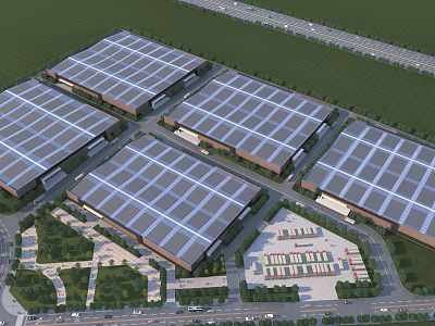 Modern Industrial Plant Complex Featuring Multiple Rooftops Green Landscaping And Road Network 3d model