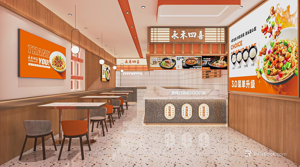 Modern Warm Noodle Restaurant Interior With Orange Wooden Decor Counter Menu Posters And Tables 3d model 