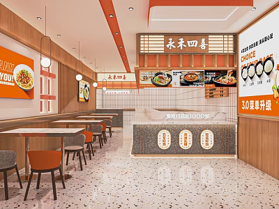 Modern Warm Noodle Restaurant Interior With Orange Wooden Decor Counter Menu Posters And Tables 3d model