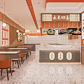 Modern Warm Noodle Restaurant Interior With Orange Wooden Decor Counter Menu Posters And Tables