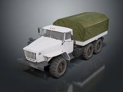 White Six Wheel Military Transport Truck With Green Canvas Covered Cargo Bed 3d model