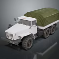 White Six Wheel Military Transport Truck With Green Canvas Covered Cargo Bed