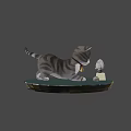 Cartoon Style Striped Gray Kitten Playing With Table Lamp And Ball On Green Platform