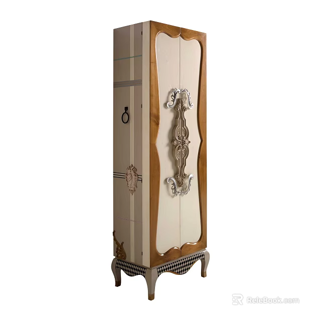 Elegant Wooden Jewelry Armoire With Ornate Carvings And Decorative Handles 3d model 