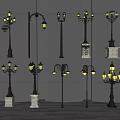 Outdoor Lights With Various Designs Including Decorative Lamp Posts And Stone Bases 3d model