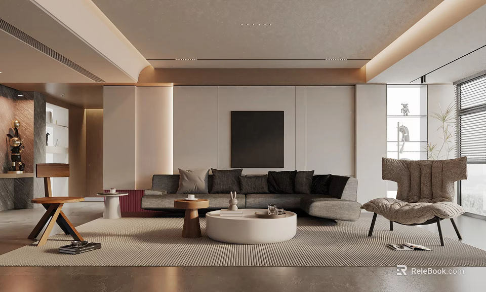 Modern Luxury Living Room Interior With Gray Sofa Round Coffee Table Rug And Decorative Painting 3d model 