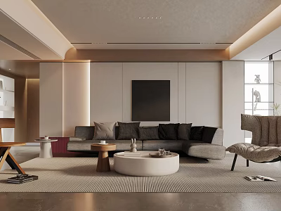Modern Luxury Living Room Interior With Gray Sofa Round Coffee Table Rug And Decorative Painting 3d model