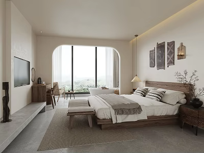 Modern Hotel Room Interior With Wooden Bed Arched Window Scenic View And TV 3d model