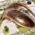 Curved Wooden Pergola with Wavy Design Green Plants and Outdoor Seating Area