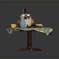 Dining Table With Green Checkered Tablecloth Cake Waffles Yellow Cup Blue Vase And Green Rug
