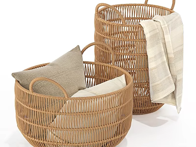 Rattan Wall Decor Baskets With Soft Pillow And Linen Towel Accents 3d model
