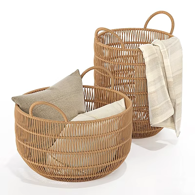 Rattan Wall Decor Baskets With Soft Pillow And Linen Towel Accents 3d model