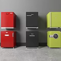 Stylish Red Black And Yellow Mini Refrigerators Stacked Against Gray Wall And Floor