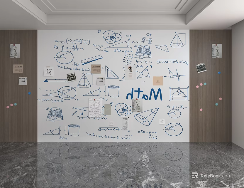 Hand Drawn Mathematical Wall With Graphics Formulas Sticky Notes And 3d model 