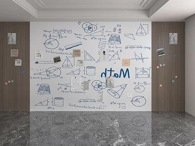 Hand Drawn Mathematical Wall With Graphics Formulas Sticky Notes And 3d model
