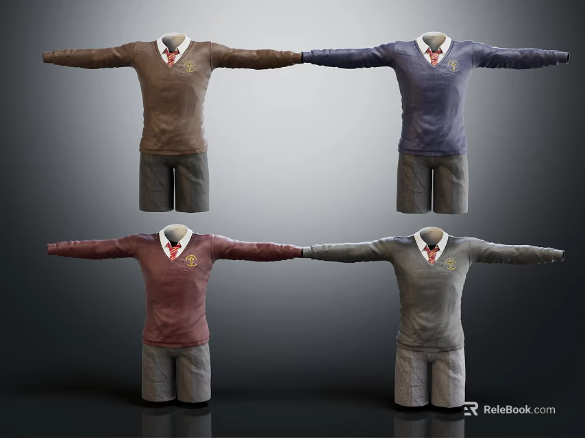 Colorful Sweater And Shorts Outfit With Red Tie In Four Different Hues 3d model 