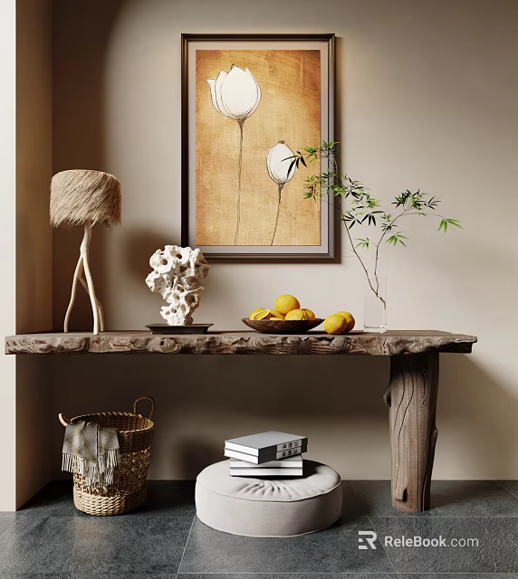 Rustic Wooden Console Table With Lemons Green Plant Sculpture Lamp Books And Basket 3d model 