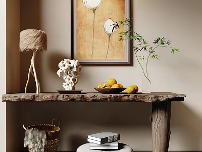 Rustic Wooden Console Table With Lemons Green Plant Sculpture Lamp Books And Basket 3d model