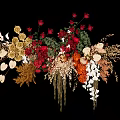 Vibrant Artistic Floral Display with Red Gold Orange Flowers and Decorative Branches