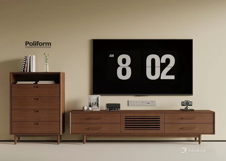 Poliform Wooden TV Stand With Storage Cabinet And Decorative Books Vase On Top 3d model 