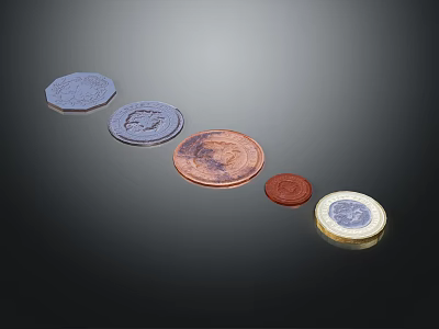 Shiny Coins Of Various Colors And Sizes Arranged In A Row On Dark Background 3d model