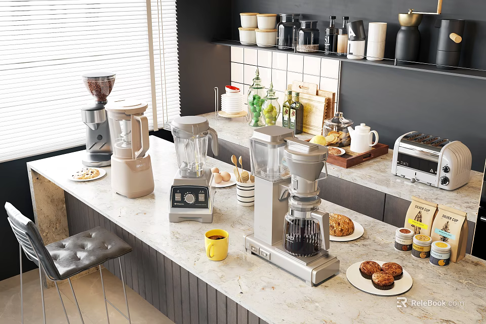 Stylish Kitchen Countertop With Coffee Maker Blender Toaster Mugs Jars Cookies And Shelf 3d model 