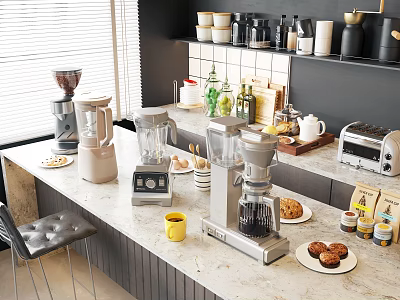 Stylish Kitchen Countertop With Coffee Maker Blender Toaster Mugs Jars Cookies And Shelf 3d model
