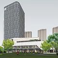 Modern Commercial Complex With Tall Glass Building Greenery Overpass And Urban Plaza
