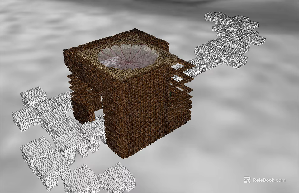 3D Architectural Model Featuring Brown Square Structure With Circular Opening And White Grid Elements 3d model 