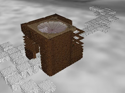 3D Architectural Model Featuring Brown Square Structure With Circular Opening And White Grid Elements 3d model
