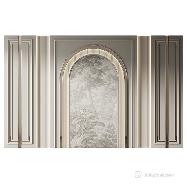 Classic Background Wall Design With Arched Mural Panel And Decorative Vertical Frames 3d model 