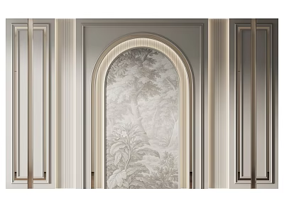 Classic Background Wall Design With Arched Mural Panel And Decorative Vertical Frames 3d model