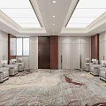 Elegant Hotel Public Lounge Area With White Sofas Patterned Carpet And Wooden Partitions 3d model