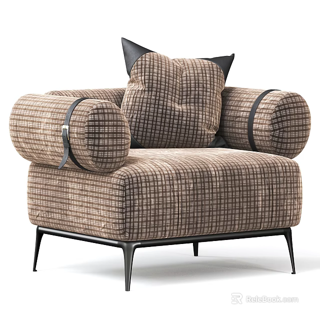 Single Seater Sofa With Brown Plaid Fabric Black Metal Legs And Black Cushion Arm Straps Design 3d model 