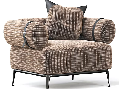 Single Seater Sofa With Brown Plaid Fabric Black Metal Legs And Black Cushion Arm Straps Design 3d model