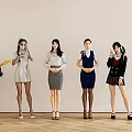 Women in Different Outfits Standing Posing Playing Guitar Drinking Indoor White Wall Wooden Floor