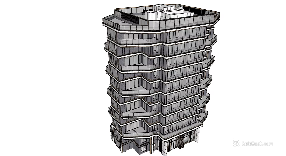 Modern High Rise Building With Layered Design Multiple Floors Glass Windows And Balconies 3d model 