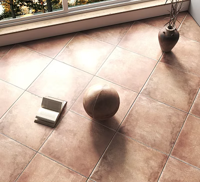Stylish Brown Floor Tiles in Indoor Space with Open Book Round Ball and Vase 3d model