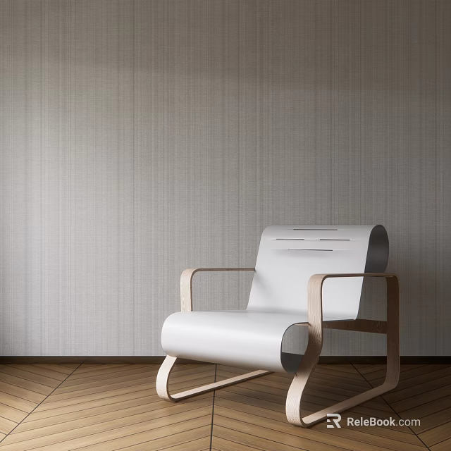 Modern Minimalist Leisure Chair With Wooden Frame And White Upholstered Seat Against Textured Wall 3d model 