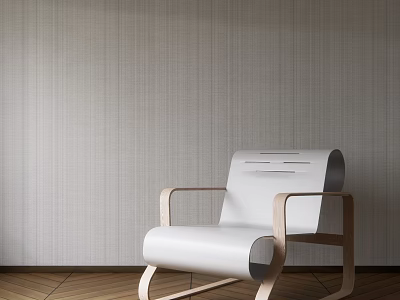 Modern Minimalist Leisure Chair With Wooden Frame And White Upholstered Seat Against Textured Wall 3d model