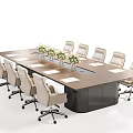 Modern Conference Room With Large Wooden Table Beige Wheeled Chairs And White Flowers