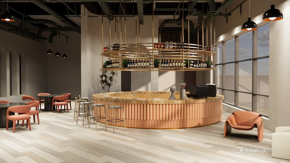 Modern Bar Interior Featuring Circular Counter Wine Rack Bar Stools And Floor To Ceiling Windows 3d model