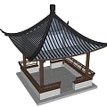 Traditional Chinese Pavilion Featuring Black Tiled Roof Curved Eaves And Carved Wooden Railings