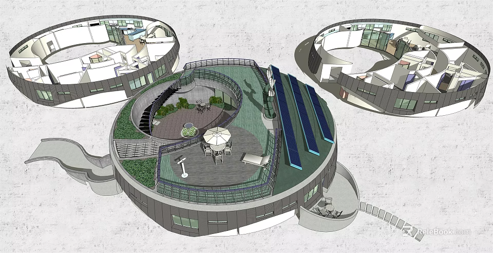 Modern Circular Detached Villa With Green Roof Terrace Solar Panels And Outdoor Lounge 3d model 