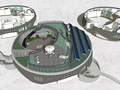Modern Circular Detached Villa With Green Roof Terrace Solar Panels And Outdoor Lounge 3d model